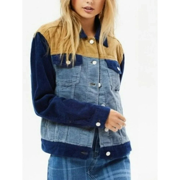 PacSun Jackets & Blazers - Pacsun Denim Jacket Womens S Tan Blue Corduroy Button Down Pockets Long Sleeve